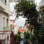 Charming urban residential street with lush greenery and a distant view of the sea on a bright day.